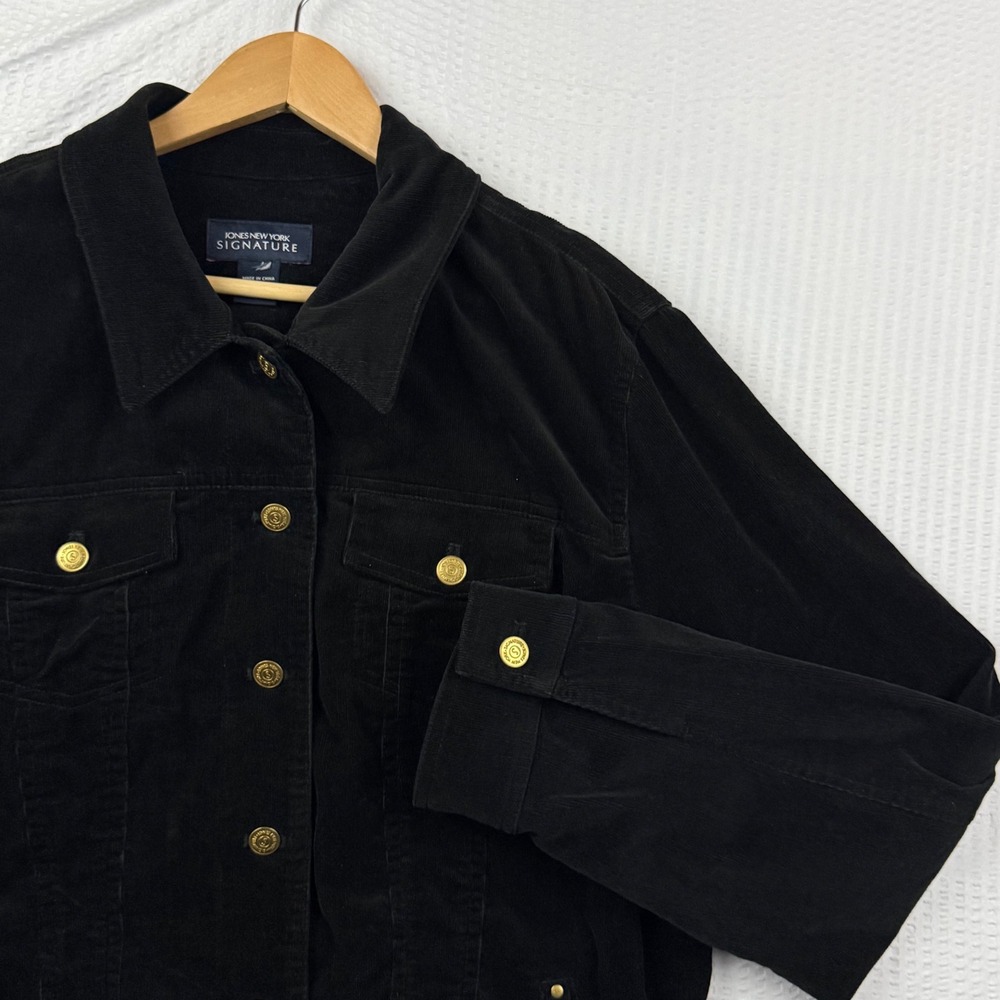 Jones New York Signature Black Corduroy Jacket Gold Buttons Stretch Cotton XL